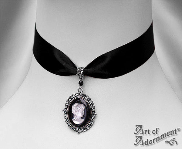 Choker Necklace Black Vintage Lace and Cameo - $8.00