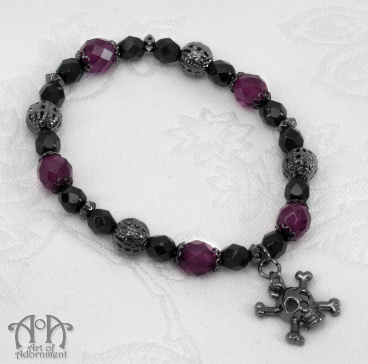 Mystique Purple & Black Skull Charm Beaded Stretch Bracelet