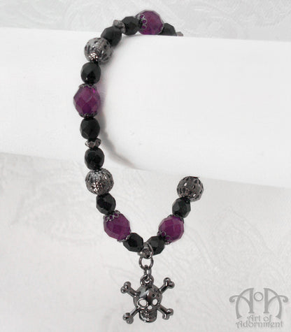 Mystique Purple & Black Skull Charm Beaded Stretch Bracelet