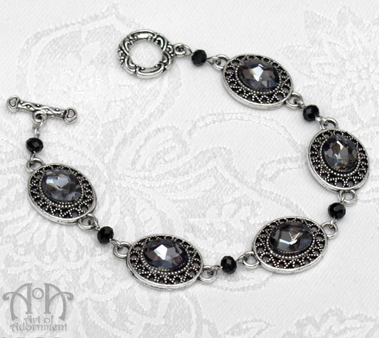 Nocturne Grey & Black Crystal Beaded Filigree Bracelet