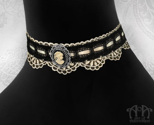 Patina Steampunk Black & Ivory Lace Cameo Choker Necklace