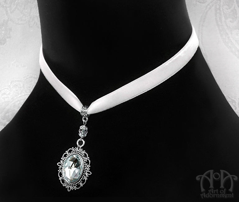 Argenta Clear Crystal White Velvet Pendant Choker Necklace