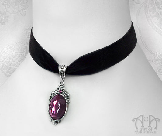 Vervaina Purple Crystal Black Velvet Pendant Choker Necklace