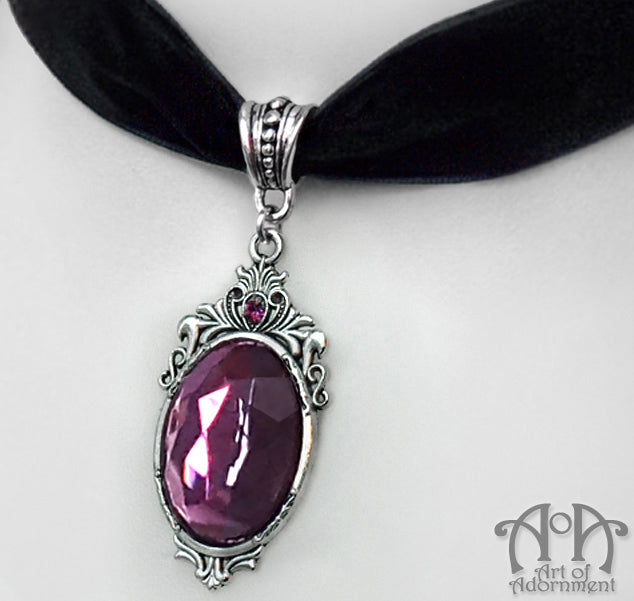 Vervaina Purple Crystal Black Velvet Pendant Choker Necklace