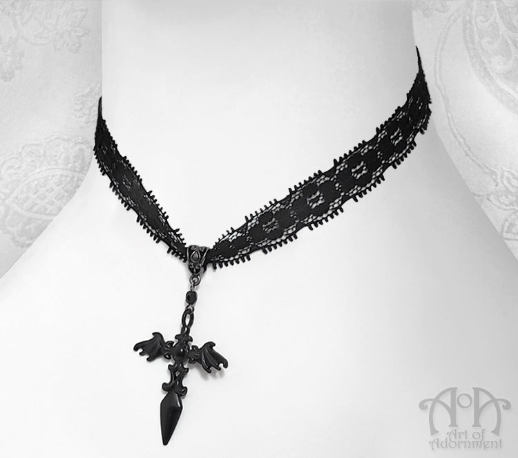 Nocturne Gothic Bat Sword Pendant Black Lace Choker