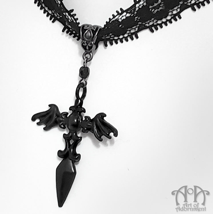 Nocturne Gothic Bat Sword Pendant Black Lace Choker