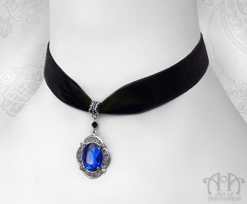 Celestia Blue Crystal Black Velvet Pendant Choker Necklace