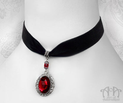 Sanguinari Red Crystal Black Velvet Pendant Choker Necklace