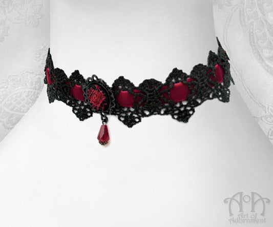 Dark Rose Black Lace & Red Velvet Cameo Choker Necklace