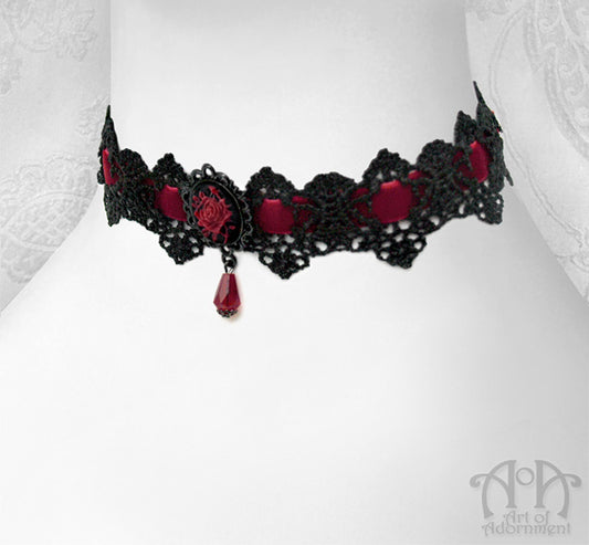 Dark Rose Black Lace & Red Velvet Cameo Choker Necklace