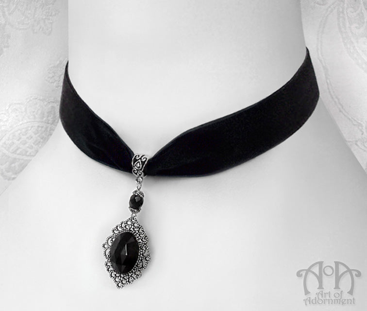 Nocturne Filigree Pendant Black Velvet Choker Necklace