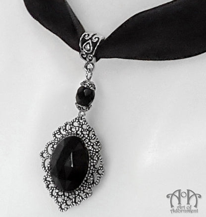 Nocturne Filigree Pendant Black Velvet Choker Necklace