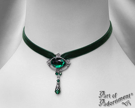 Sylvannia Green Crystal Beaded Velvet Choker Necklace