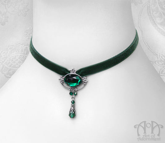 Sylvannia Green Crystal Beaded Velvet Choker Necklace