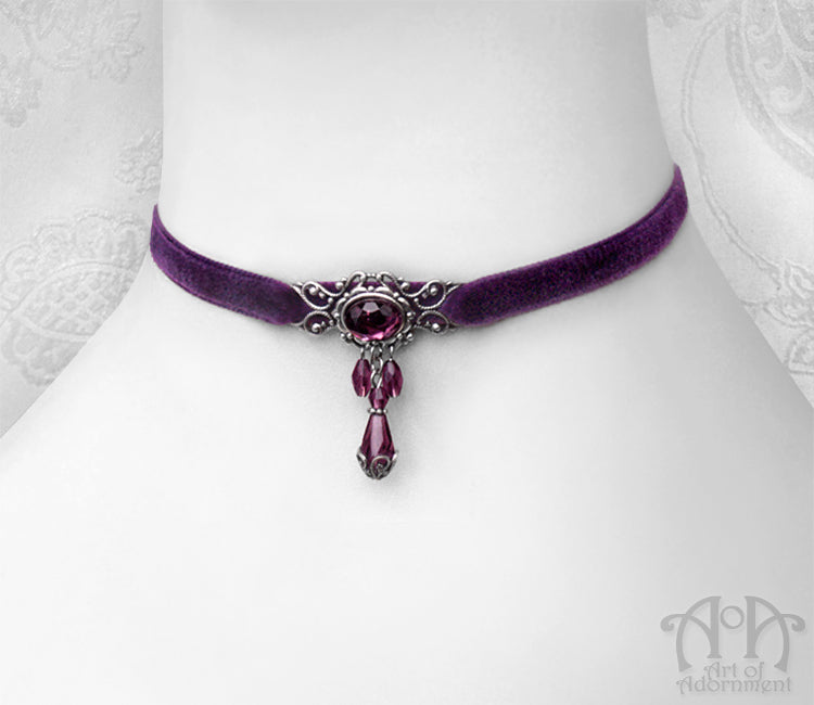 Vervaina Purple Crystal Beaded Velvet Choker Necklace