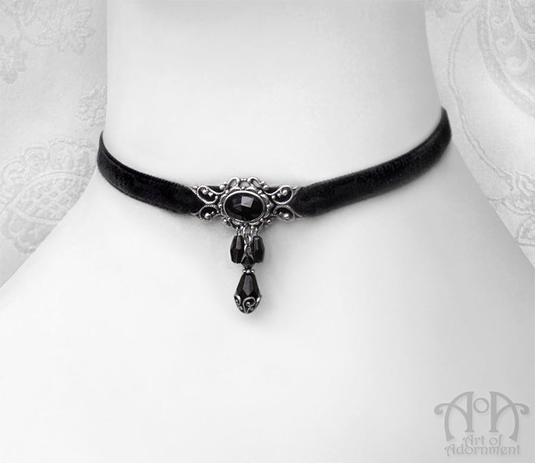 Nocturne Black Crystal Beaded Velvet Choker Necklace