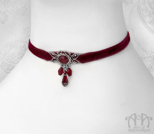 Sanguinari Wine Crystal Beaded Velvet Choker Necklace