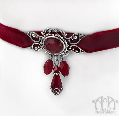 Sanguinari Wine Crystal Beaded Velvet Choker Necklace