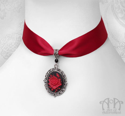 Sanguinari Gothic Rose Cameo Red Satin Pendant Choker Necklace