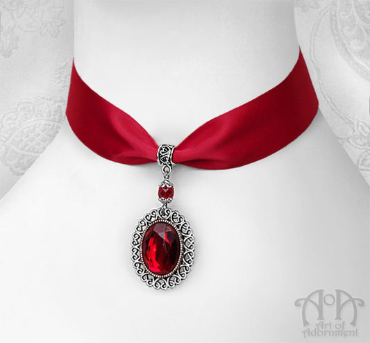 Sanguinari Crystal Pendant Red Satin Choker Necklace