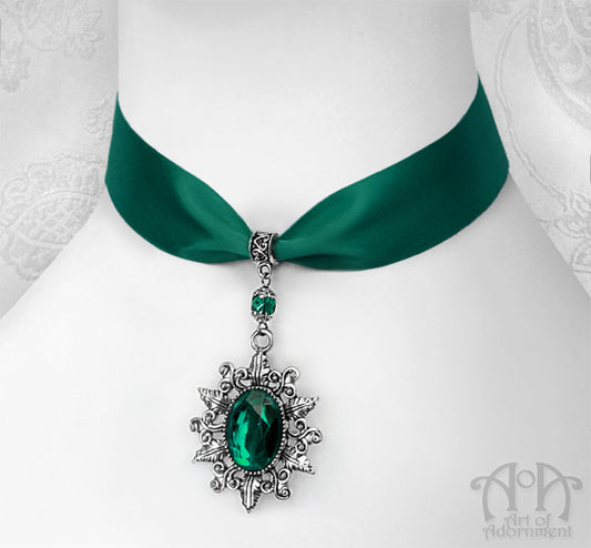 Sylvannia Crystal Pendant Green Satin Choker Necklace