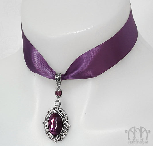 Vervaina Crystal Pendant Purple Satin Choker Necklace