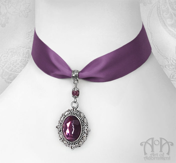 Vervaina Crystal Pendant Purple Satin Choker Necklace