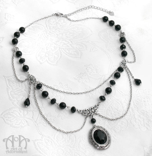 Nocturne Black Crystal Locket Pendant Beaded Necklace