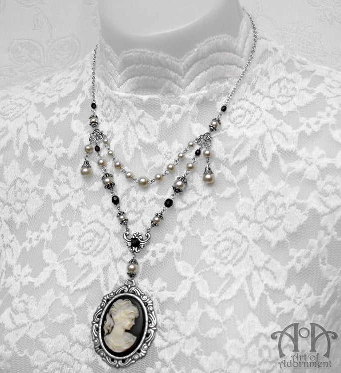 Patina Faux Pearl Beaded Victorian Cameo Pendant Necklace