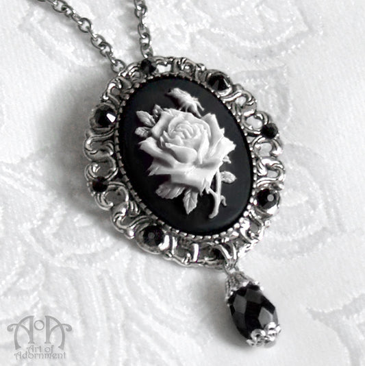 Gothic Black & White Rose Cameo Pendant Necklace/Brooch