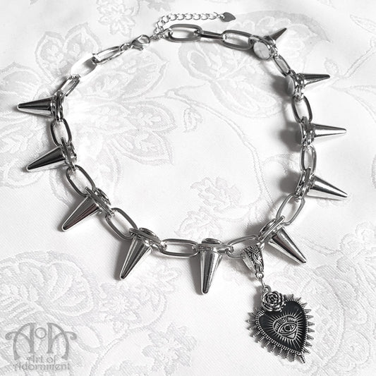 Rose & Thorn Spiked Dark Heart Pendant Choker Necklace