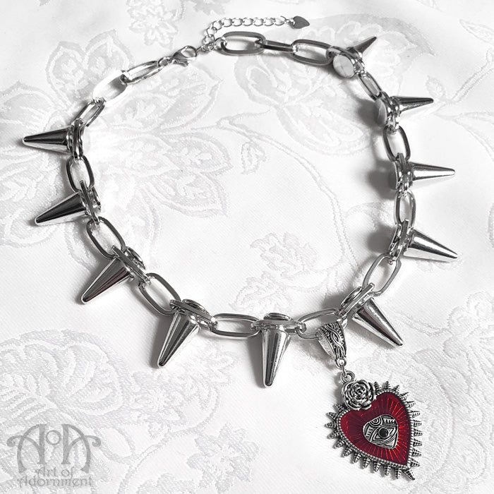 Rose & Thorn Spiked Red Heart Pendant Choker Necklace