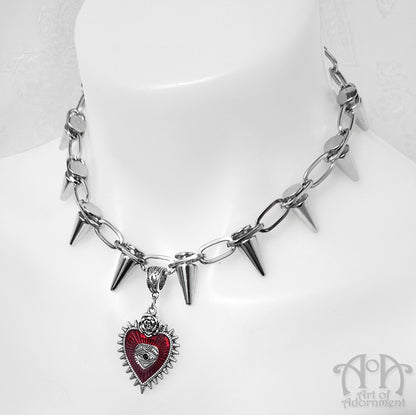 Rose & Thorn Spiked Red Heart Pendant Choker Necklace