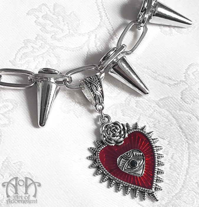 Rose & Thorn Spiked Red Heart Pendant Choker Necklace