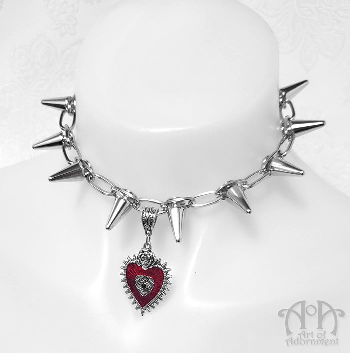 Rose & Thorn Spiked Red Heart Pendant Choker Necklace