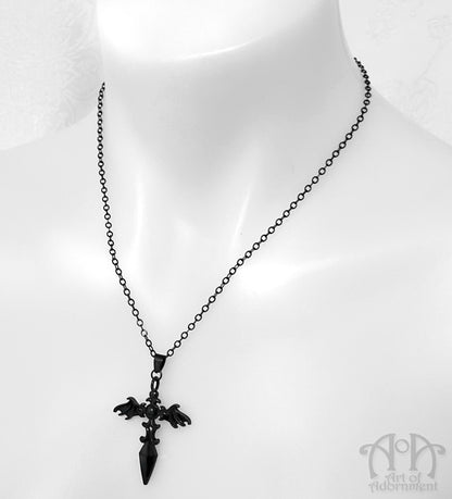 ÜberGoth Black Bat Winged Sword Pendant Necklace