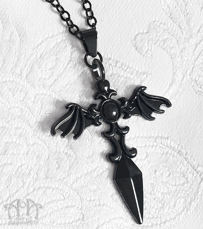 ÜberGoth Black Bat Winged Sword Pendant Necklace