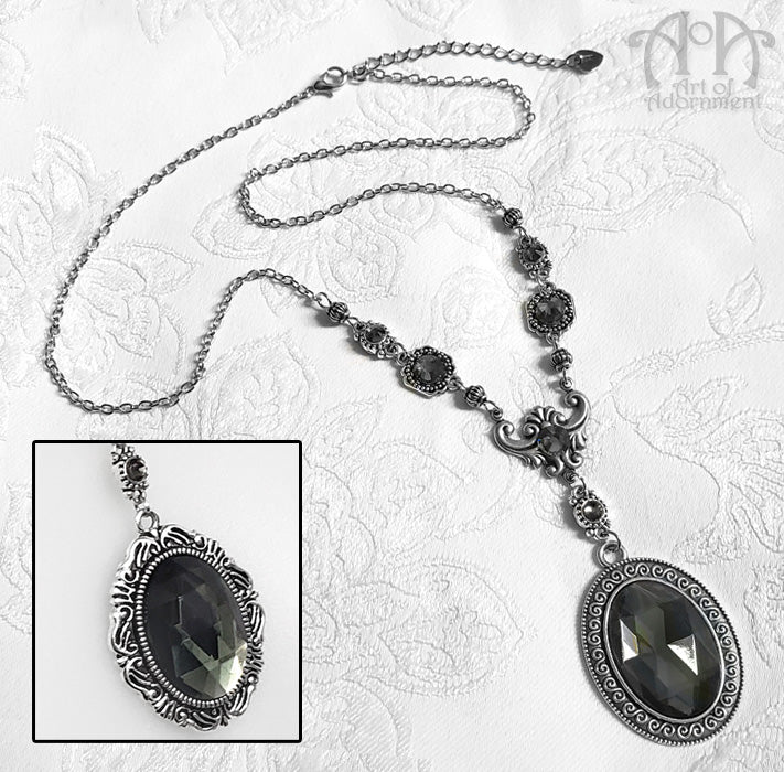 Smoky Grey Victorian Crystal Rhinestone Pendant Necklace