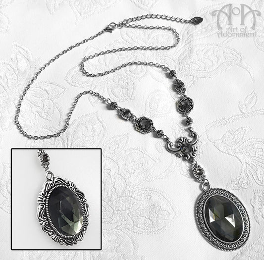 Smoky Grey Victorian Crystal Rhinestone Pendant Necklace