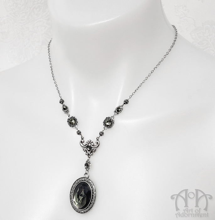 Smoky Grey Victorian Crystal Rhinestone Pendant Necklace