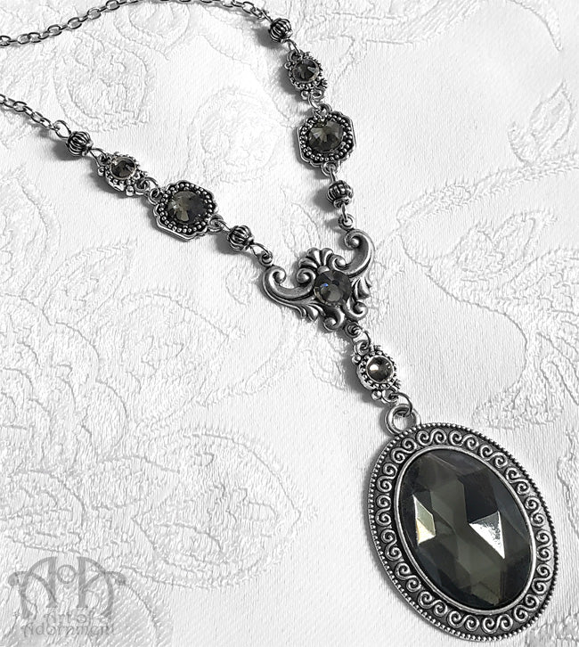 Smoky Grey Victorian Crystal Rhinestone Pendant Necklace