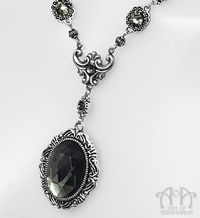 Smoky Grey Victorian Crystal Rhinestone Pendant Necklace