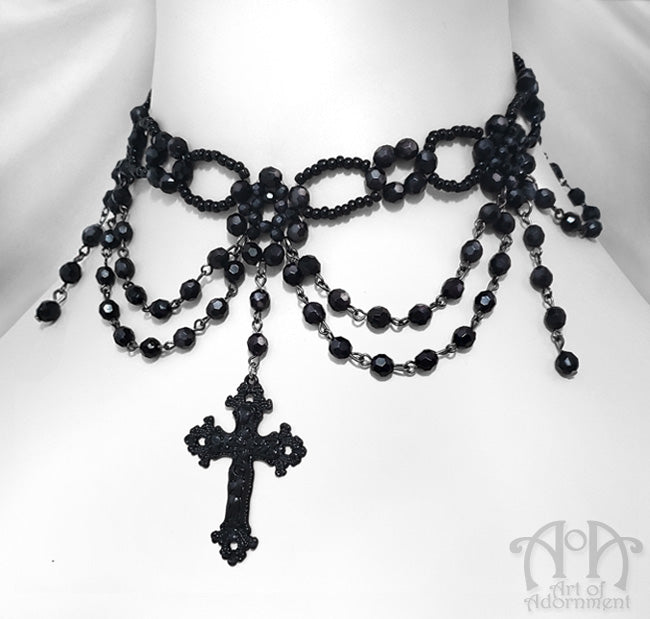 Gothic Cross Pendant Black Beaded Choker Necklace