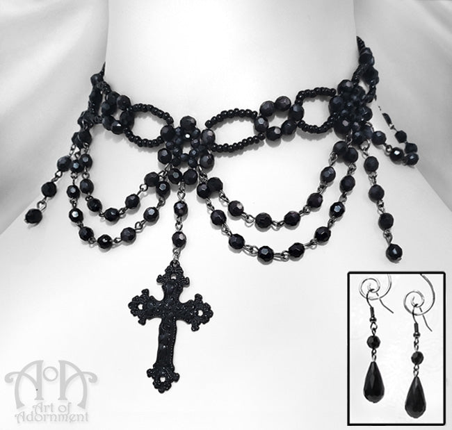 Gothic Cross Pendant Black Beaded Choker Necklace