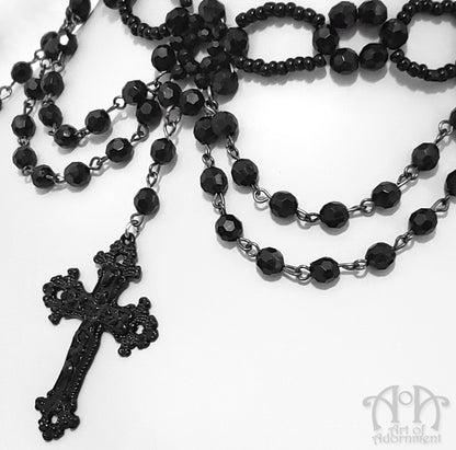 Gothic Cross Pendant Black Beaded Choker Necklace