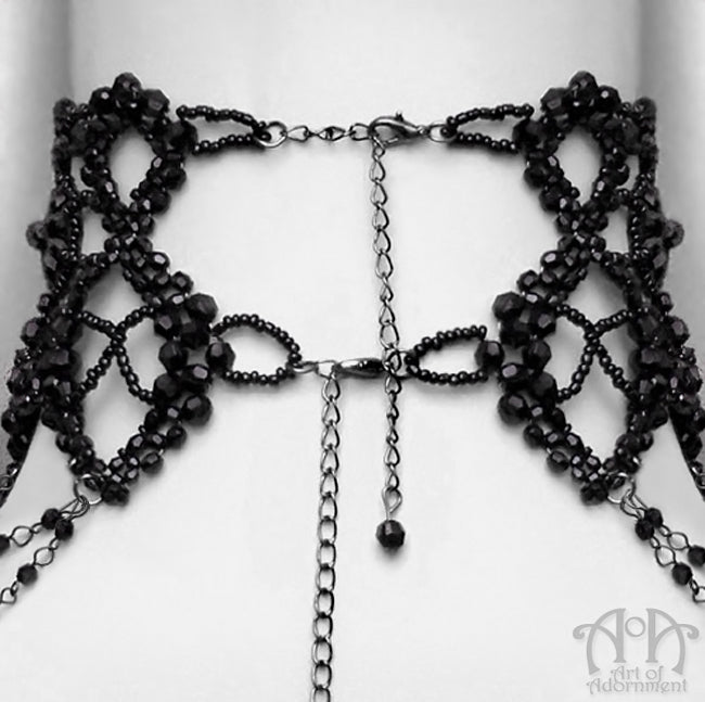 Gothic Empress Black Beaded Choker Necklace & Earrings Set