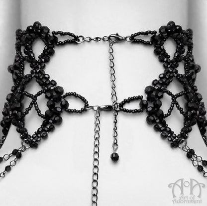 Gothic Empress Black Beaded Choker Necklace & Earrings Set