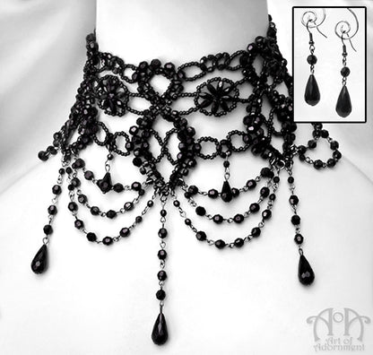 Gothic Empress Black Beaded Choker Necklace & Earrings Set