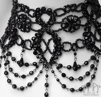 Gothic Empress Black Beaded Choker Necklace & Earrings Set