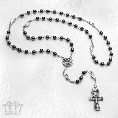 Elemental Gothic Ankh Hematite Rosary Necklace